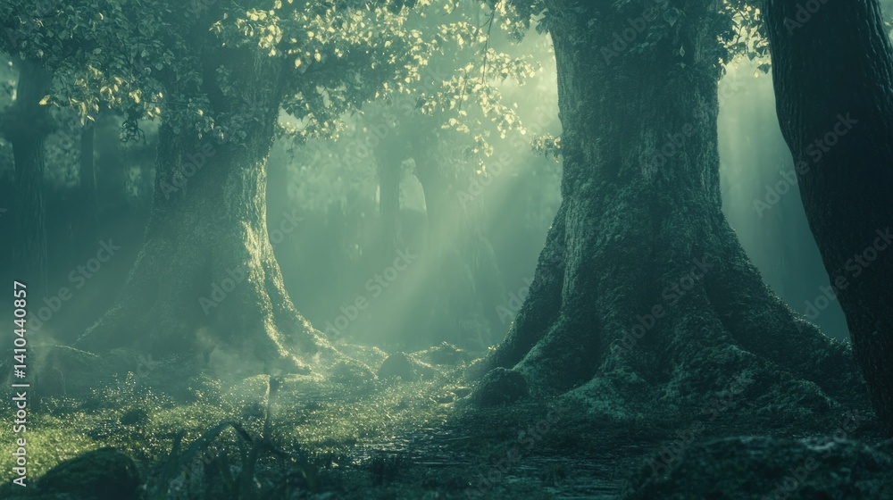 Poster a mysterious forest scene with sunlight and large trees