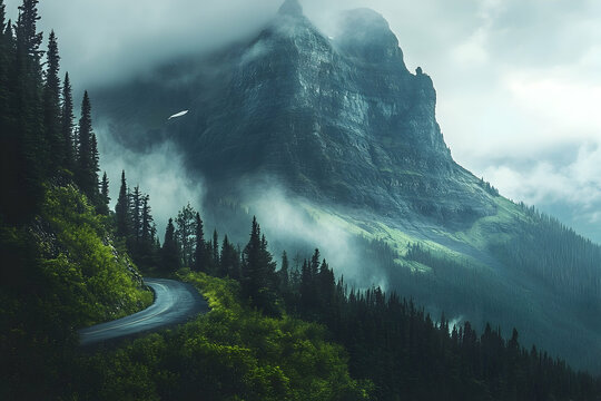 Misty mountain road winds through lush forest.