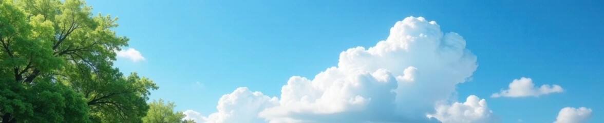 Majestic white cloud casting soft shadows on bright blue sky with gentle breeze rustling nearby trees, clouds, landscape, serene