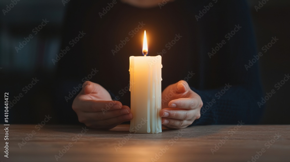 Poster a person gently holds a lit candle, creating a serene atmosphere in a dimly lit space, symbolizing c