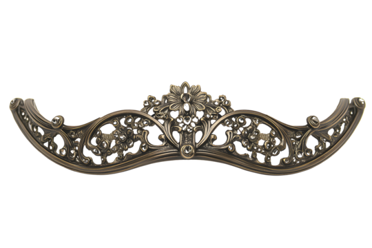 Intricate floral scrollwork design. Symmetric flourishes, textural detail. Dark metallic appearance. Ornament