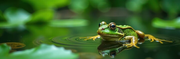 Naklejka premium Frog swimming in a pool of fresh water with lily pads, nature, lily pad