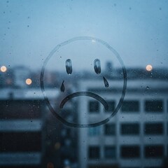Sad smiley drawn by hand on wet fogged glass from the rain, copy the space. Concept of loneliness, sadness, bad weather