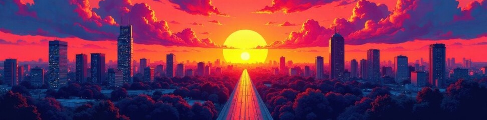 Colorful comic book inspired illustration of a cityscape at sunset,  pop art,  cartoonish style,  stylized buildings