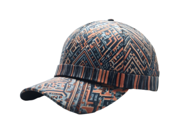 Patterned hat. Geometric shapes in orange, gray, and black on a baseball cap. Isolated on transparent background
