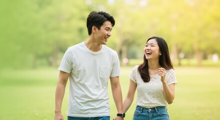 Obraz premium Happy couple walking hand in hand in a sunny park 