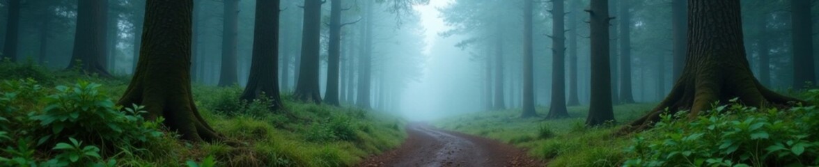 Fototapeta premium Foggy forest path winding through ancient firs, fog, fir,