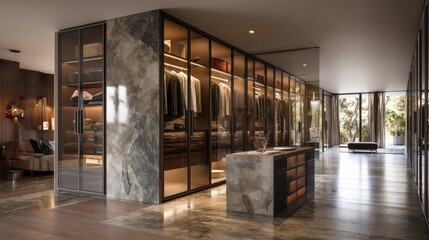 Luxury walk-in robe with smoked glass and suede finishes 