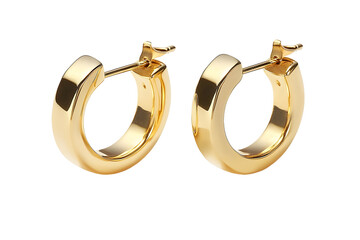 Gold hoop earrings gleam against a transparent background. Round, reflective, and stylish earrings. Simple, yet classy jewelry