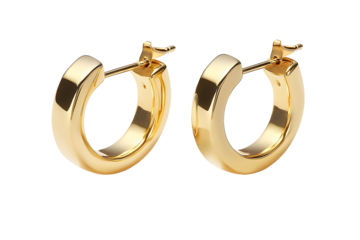 Gold hoop earrings gleam against a transparent background. Round, reflective, and stylish earrings. Simple, yet classy jewelry