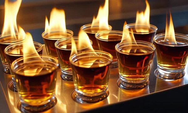 A tray of B-52 shots, each topped with a small flame, ready for serving
