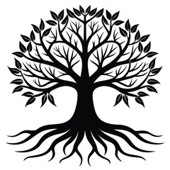 Black and White Stylized Tree with Deep Roots Illustration