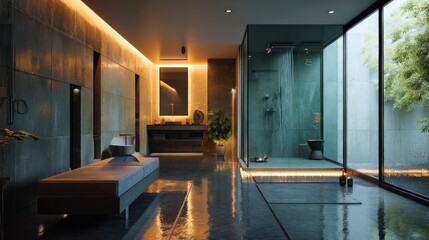 Luxury wet room with floor-to-ceiling window and rainfall shower  