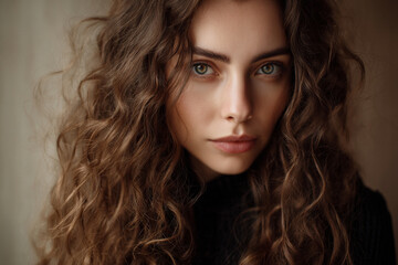 Fototapeta premium Captivating Curls: A beautiful woman with long, flowing brown curls gazes into the camera with a captivating intensity.