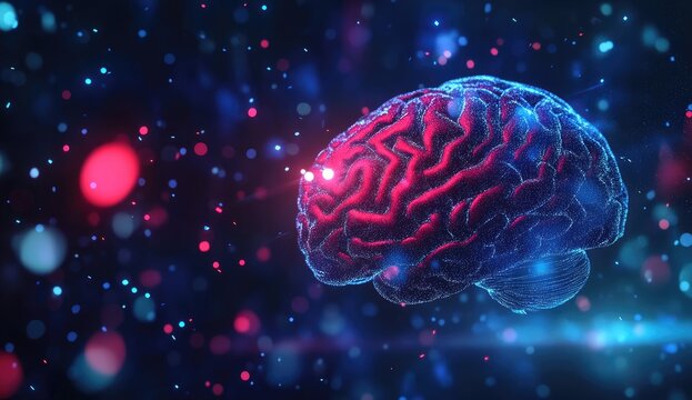 3D rendered human brain, glowing, in a digital space.  Complex neural pathways are visible