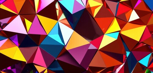 Brightly colored metallic triangles and foil create a vibrant, fragmented geometric pattern, vibrant, metallic