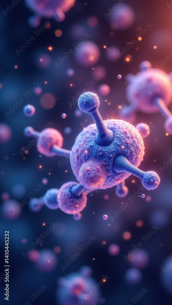 Poster 3d rendering of a glp-1 molecule floating among other molecules in a biological structure.