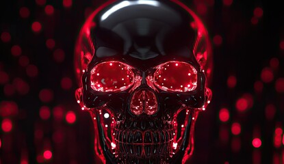 Glossy black skull with glowing red eyes
