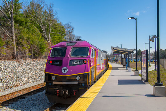 MBTA commuter train Fall River New Bedford Line with #2028 MPI HSP46 locomotive at Middleborough station in town of Middleborough, Massachusetts MA, USA.