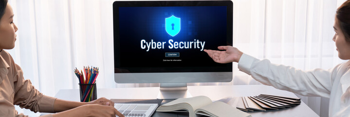Cyber security system on computer screen protect private information brisk from hacker and cyber...