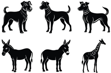 Black vector silhouette set illustration of wild and farm animals like horse, deer, dog, cat, tiger, giraffe, elephant, cow, and goat