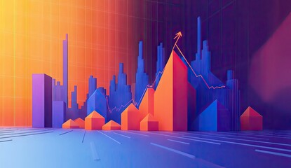 Ascending cityscape graph; vibrant colors, growth trajectory