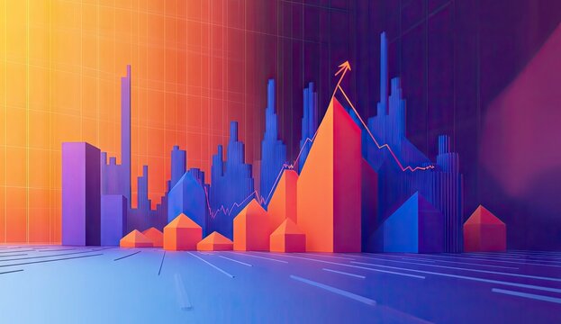Ascending cityscape graph; vibrant colors, growth trajectory