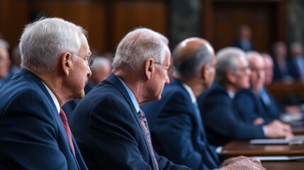 Obraz premium Group of Men in Business Attire Sitting in a Formal Meeting Setting with Focus on Leadership and Discussion