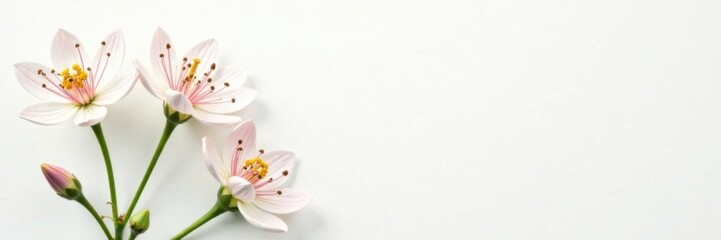 Obraz premium White anise flowers with delicate pink anthers and yellow center against a crisp white background, herb, nature, botanical