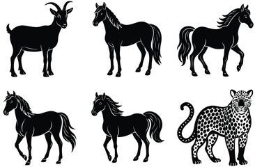 A vector set features black animal silhouettes including horse, deer, goat, giraffe, tiger, and elephant icons, a wild and farm animal collection for nature design