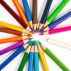 Naklejka premium Eight vibrant colored pencils arranged in a starburst pattern on white background, starburst, colorful, pencils