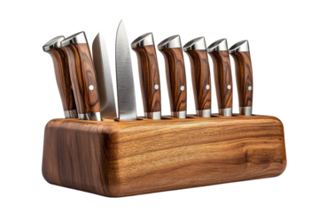Elegant knife block set ten sharp kitchen knives with rich wood grain on transparent background