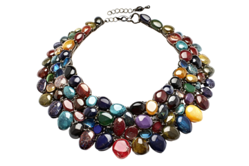 Colorful gemstone necklace with assorted shapes, creating a vibrant, layered bib style