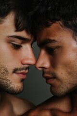two gay men softly pressing their foreheads together, shirtless, intimate and tender moment, neutral background, soft lighting,