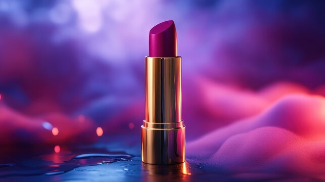 Crimson lipstick,  golden tube,  stylish beauty product