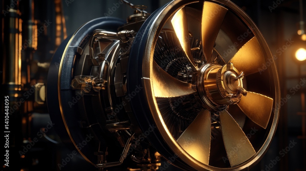 Poster a close up view of a metallic machine with golden elements