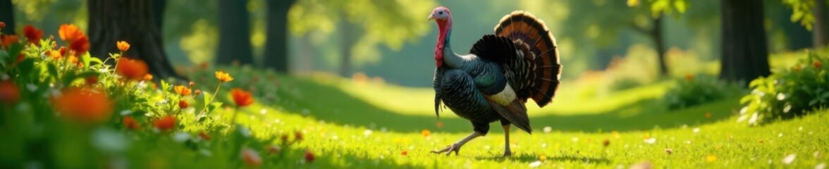 Turkey in shades walking through a park with greenery and flowers, leisurely atmosphere, nature