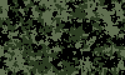 Abstract digital camouflage pattern in dark green and black.  Ideal for backgrounds, textiles, or militarythemed designs.  Offers a modern, pixelated texture for various applications.