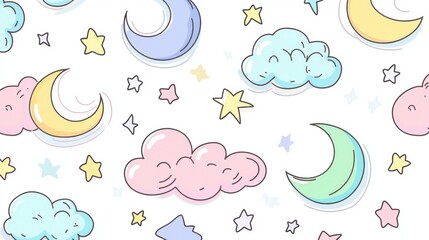 A whimsical night sky filled with cartoon clouds, stars, and crescents.