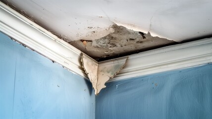 Photorealistic image of a peeling paint on ceiling corner