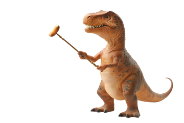 T-rex holds a sausage on a stick, looking eagerly. Isolated on transparent background background
