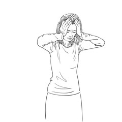 Hand-drawn sketch of a distressed woman holding her head in frustration or despair. Black and white vector illustration with clean lines, isolated on white. Ideal for stress, anxiety, emotional themes