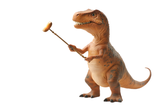 T-rex holds a sausage on a stick, looking eagerly. Isolated on transparent background background