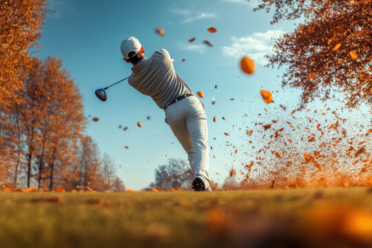 Man in action swinging golf club, holding ball. - Powered by Adobe