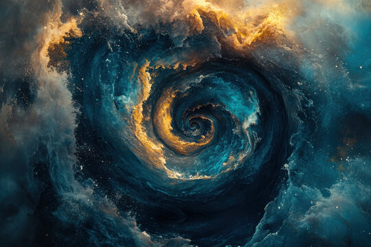 Spiral vortex in the sky as clouds twist and swirl dramatically, creating a mesmerizing pattern against a backdrop of a clear blue sky.