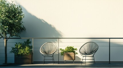 Minimal balcony with two chairs and planters on rail  