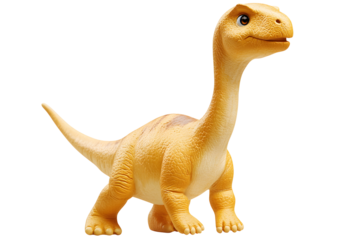 Yellow cartoon dinosaur with long neck and tail, walking happily. Small size, friendly eyes
