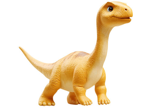 Yellow cartoon dinosaur with long neck and tail, walking happily. Small size, friendly eyes