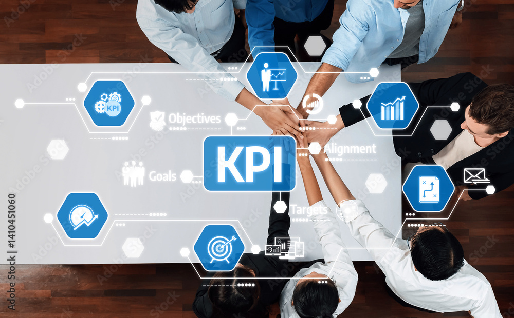 Aufkleber A diverse team collaborates to set key performance indicators (KPIs) for effective business strategy alignment, fostering engagement and productivity in a modern workspace. Amity