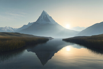Serene mountain vista reflected in a calm lake.
